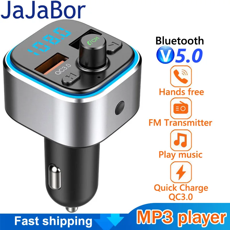 

JaJaBor FM Transmitter Bluetooth 5.0 Car Kit Handsfree Music Mp3 Player with Ambient Ring Light QC3.0 Quick Charge USB Charger