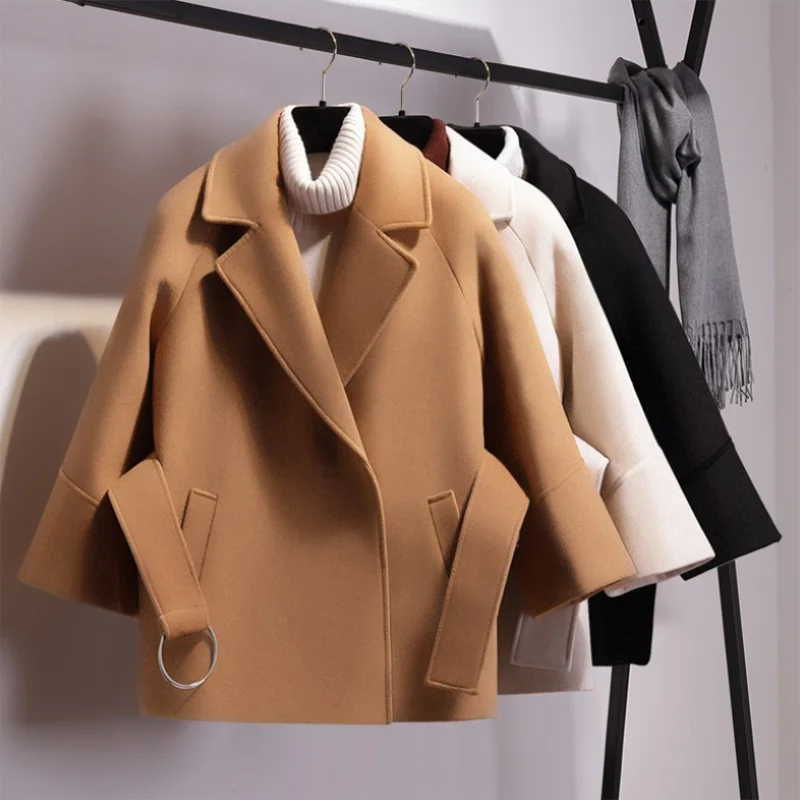 Women's short wool coat belt jacket new petite short woolen coats female autumn winter woolen coat overcoat student cloak