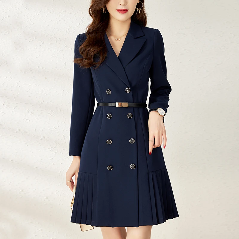 

Женские офисные деловые платья, элегантное платье средней длины с отложным воротником и длинными рукавами, оборками, женское облегающее платье-трапеция, весна-осень 2023