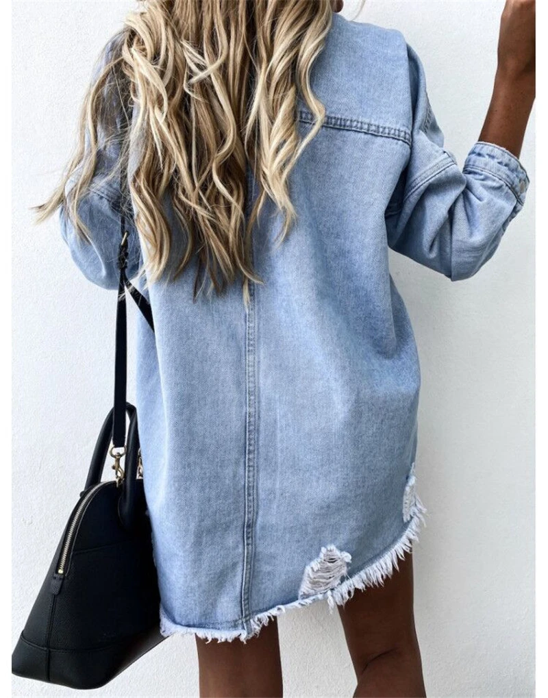 Long Sleeve New Fashion Women Denim Shirt Ripped Top Chest Pocket Rough Hem Casual Party Lapel Neck Loose Soft Shirts Coats | Женская