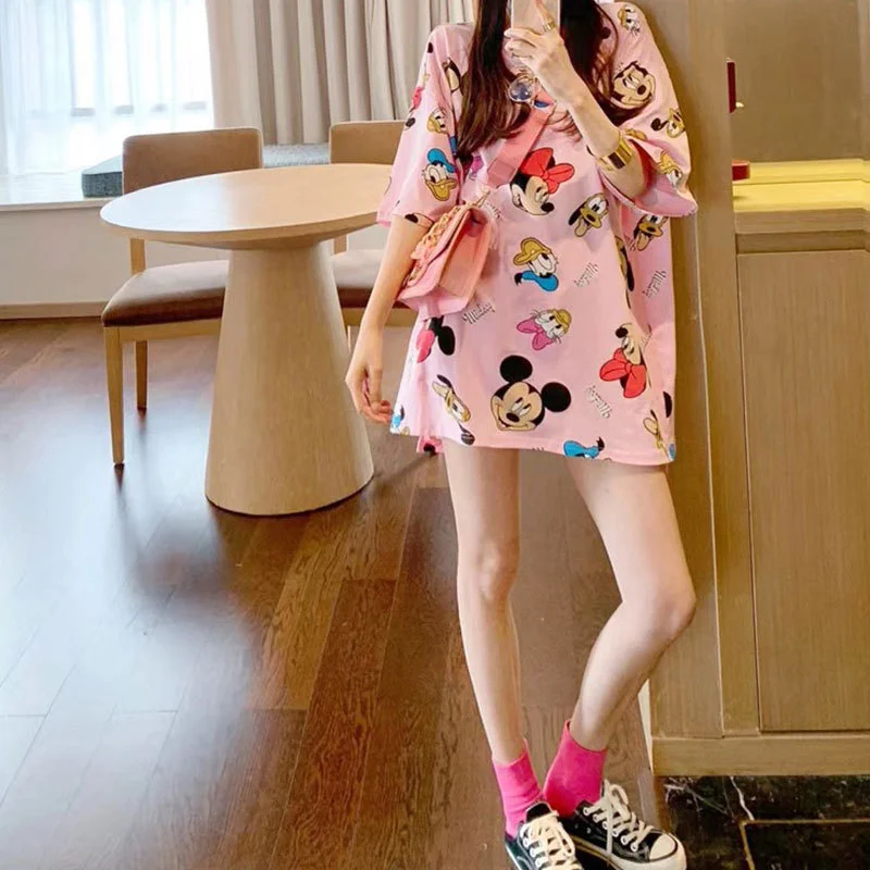 

New Disney T-shirt Cartoon Mickey Minnie Mouse Donald Duck Women T-shirts Harajuku White Pink Tops Length T Shirt Vintage Top