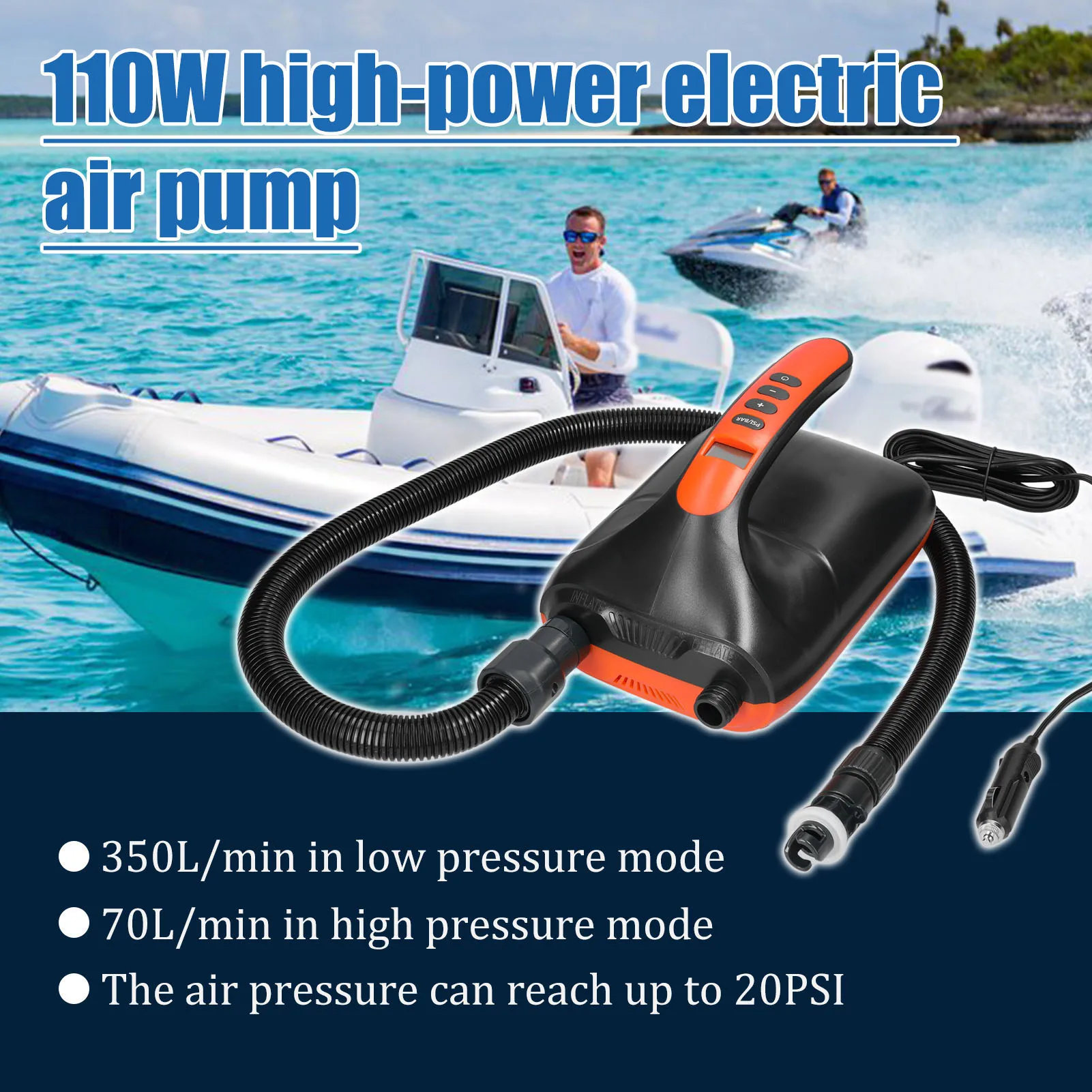 

Electric Air Pump 20PSI Portable High Pressure Digital Electric Pump Dual Stage Auto-Off Inflation & Deflation with 6 Nozzles