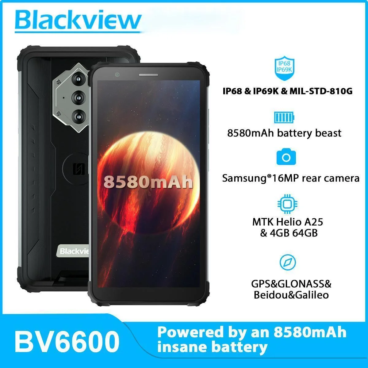 

Blackview New BV6600 Octa Core 4GB+64GB IP68 Waterproof 8580mAh Rugged Smartphone 5.7" 16MP Camera NFC Android 10 Mobile Phone