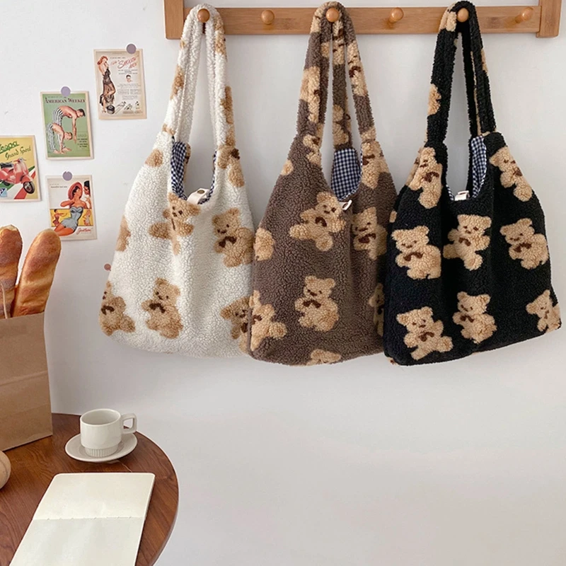 

Women Lamb Like Cloth Shoulder Bag 2021 Lady Canvas Soft Fur Bear Handbag Female Travel Casual Large Capacity Shopping Tote