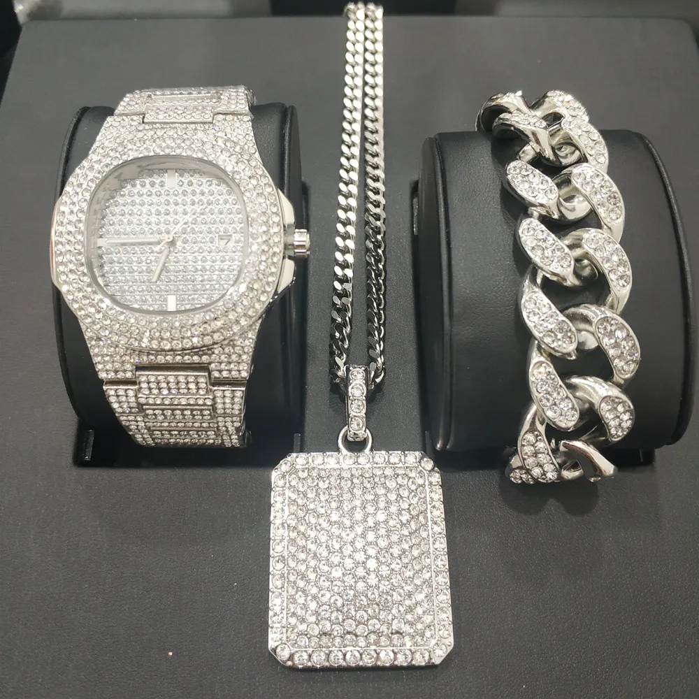 Роскошные мужские золотые часы и браслет ожерелье комбинированный набор ледяных
