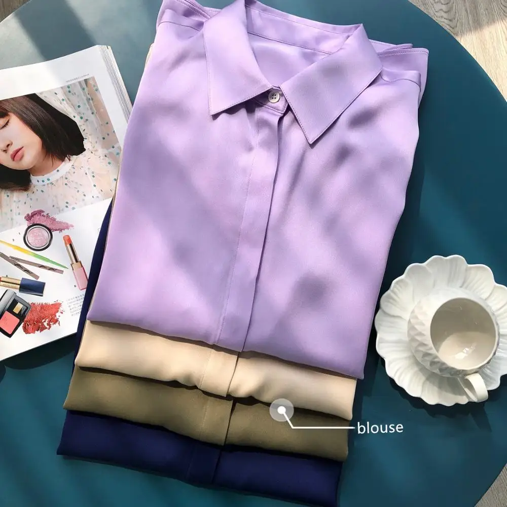 

Women Silk OL Blouse Turn-down Collar long Sleeve Office Wear Soft Shirt and Top Female Business Blouses