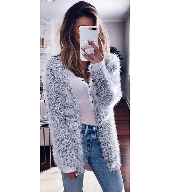 

New fashion Sexy Women Solid Color Sweaters Chain Decor V-Neck Long Sleeve Spring Autumn