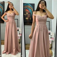 pink lace long prom dresses 2019 customized party formal dress appliques satin off the shoulder a line prom gowns prom dress