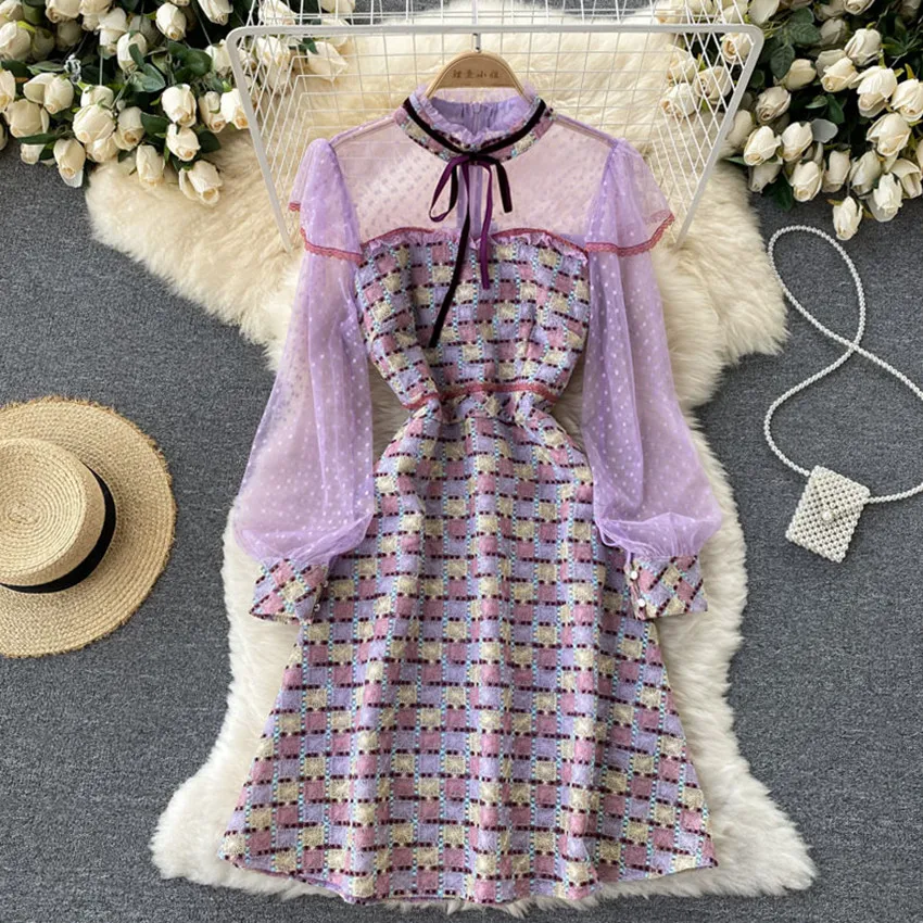 JSXDHK Fashion Autumn Lace Mesh Embroidery Dress Elegant Women Bow Stand Collar Ruffles Patchwork Plaid Bodycon Party Dresses