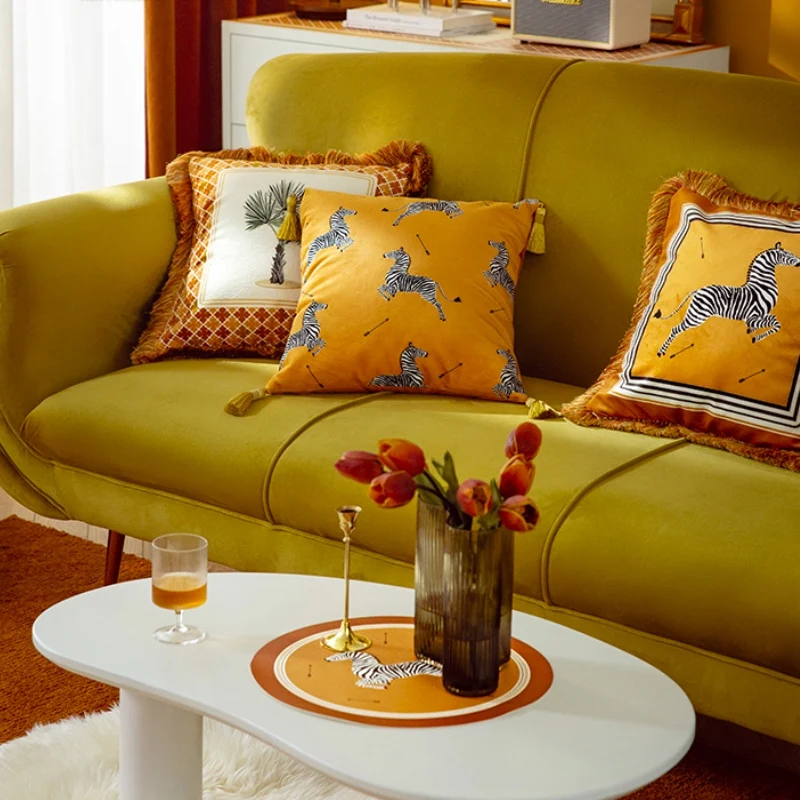 DUNXDECO Italian Luxury Cushion Cover Decorative Pillow Case Modern Art Home Yellow Zebra Print Velvet Soft Sofa Chair Coussin