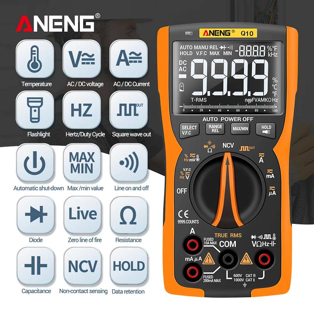 

ANENG Q10 Tester Meter Capacitance Meter Digital Multimeter True RMS Analog DIY Transistor Capacitor NCV Tester