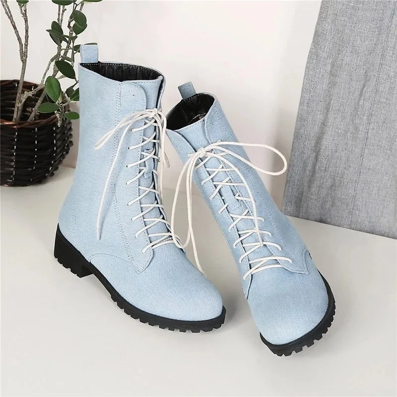 Женские ботильоны на шнуровке английские длинные джинсовые ботинки