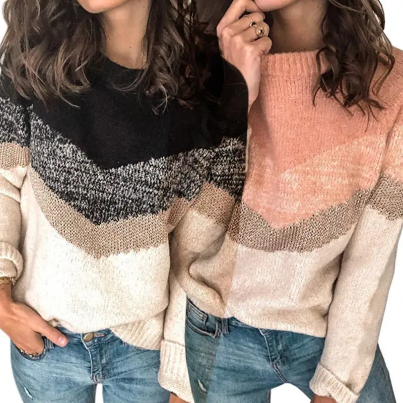

Women Plus Size Long Sleeve Sweater Color Block Wavy Striped Pullover Tops Crew Neck Rib Trim Knitted Loose Jumper S-3XL