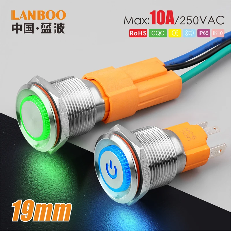 Lanboo 19 мм 10A высокого тока с плоской головкой 3 pin кнопочный переключатель с защитой от повреждений и кольцом led и символ