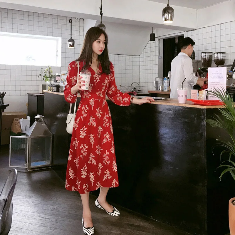 Long-sleeved floral red dress new summer style puff-sleeved mid-length dress A-line fairy Korean style dress