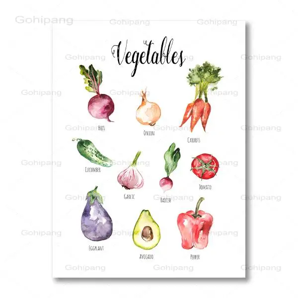 

Canvas Painting Vegetables Fruits Watercolour Posters Kids Nursery Learning Educational Wall Art Plants Pictures Kitchen Decor
