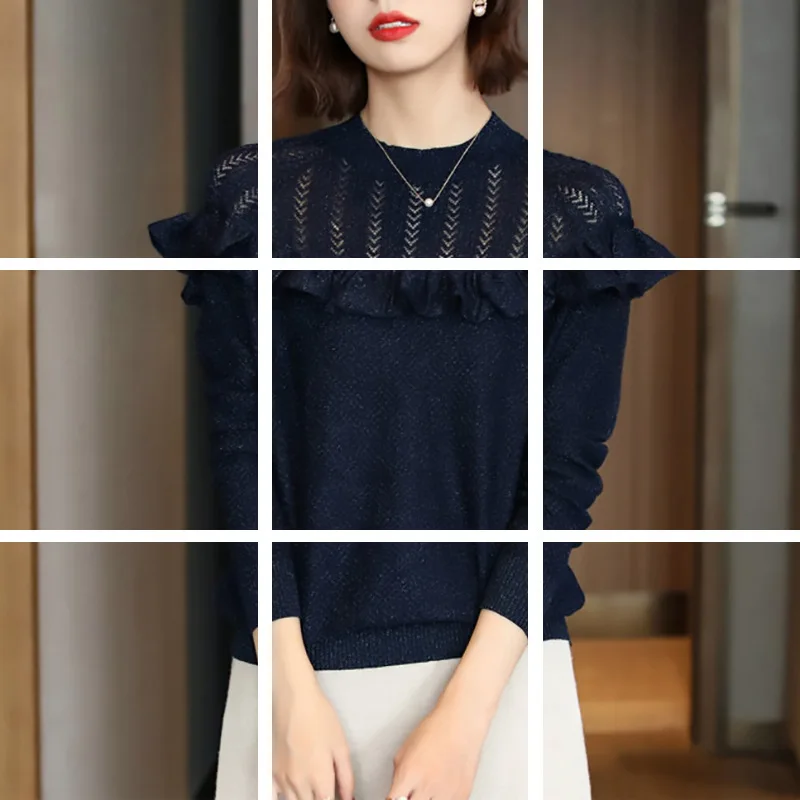 

Ruffled Hollow Blue Sweater Women 2021 Autumn New Temperament Loose Style Women's Blouse