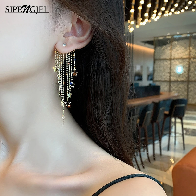 

SIPENGJEL Fashion Exaggerated Temperament Star Tassel Earrings Gold Rear Hanging Banquet Dangle Earrings For Women Jewelry