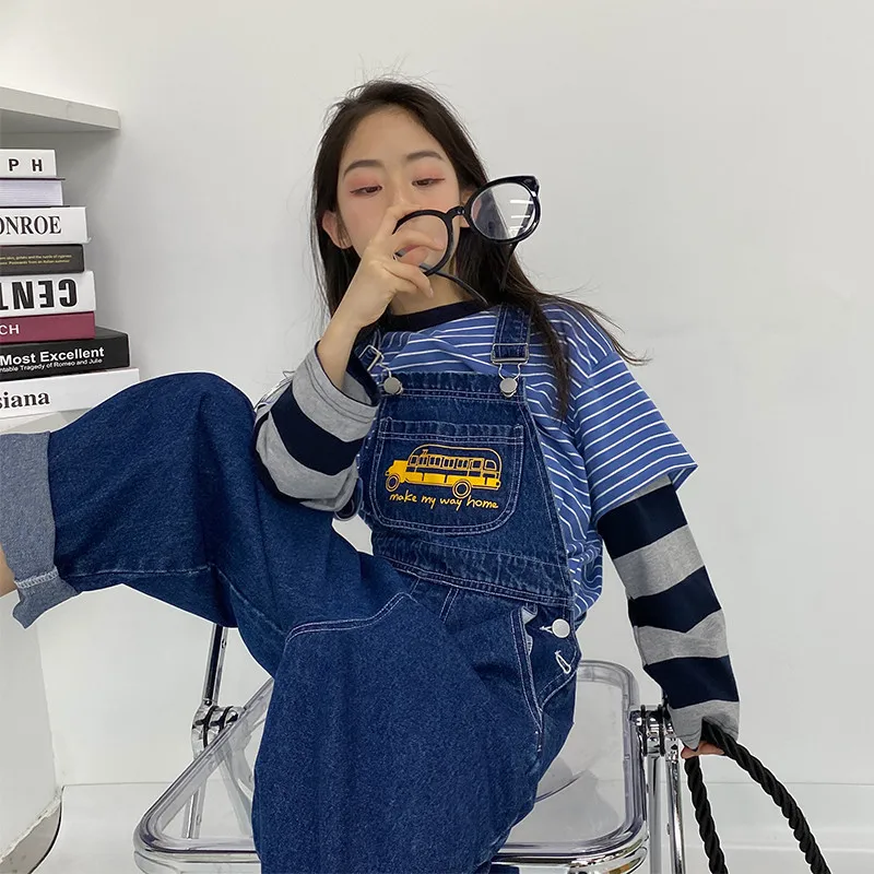 

Boys and girls denim overalls 2021 spring new tooling children's loose high waist one-piece pants