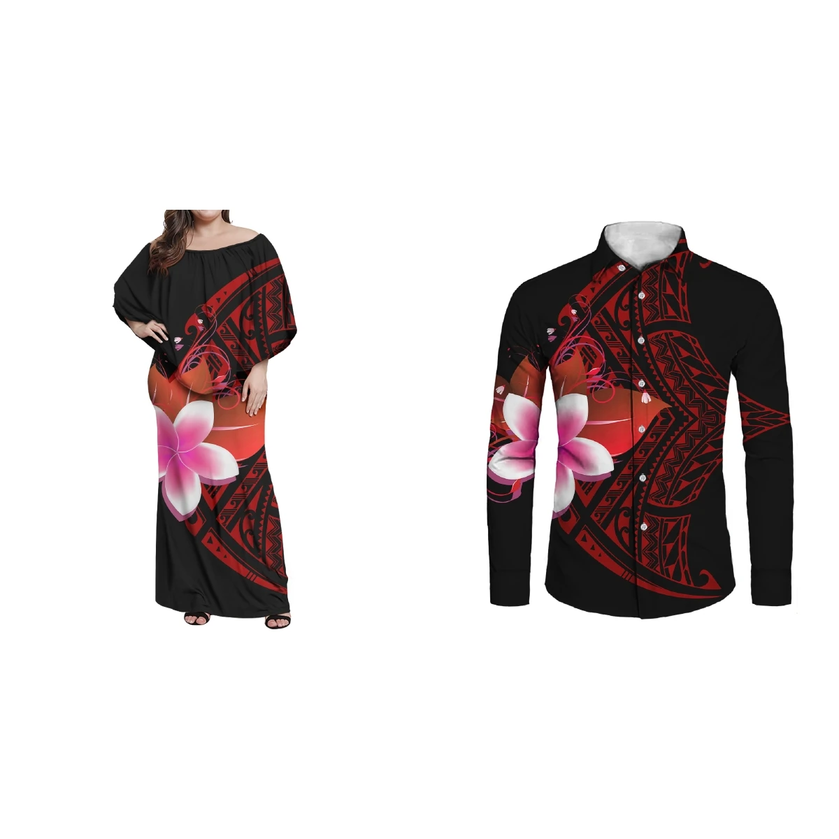 New Custom Polynesian Tribal Black Background with Plumeria Prints Women's Sexy Dress with Men's Long Sleeve Shirts Couple Wear