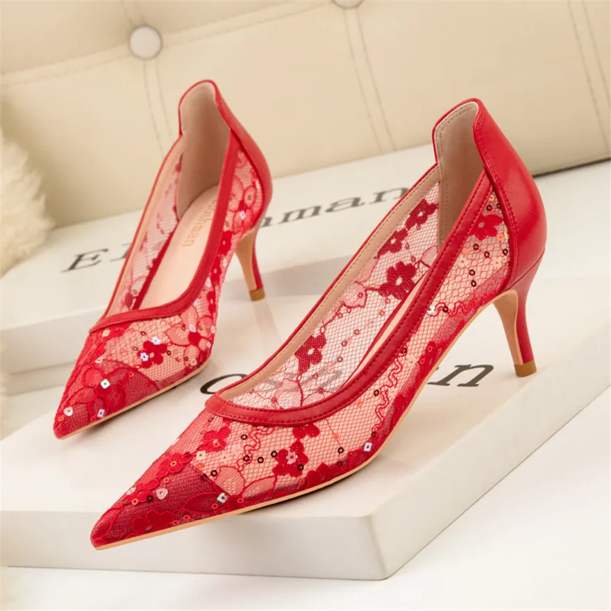 

Sequins Mesh Lace Sexy Ladies Wedding Shoes 2022 Spring Pointed Toe Women Pumps Shallow Red Black Female High Heels Shoes Party