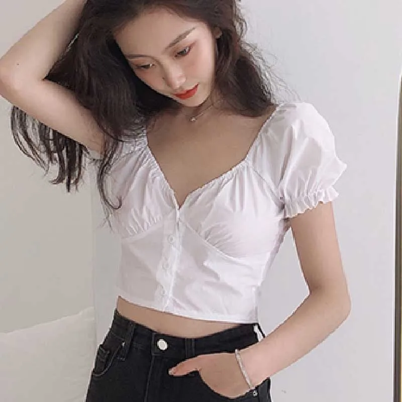 Женская блузка с пышными рукавами летняя повседневная милая в Корейском стиле