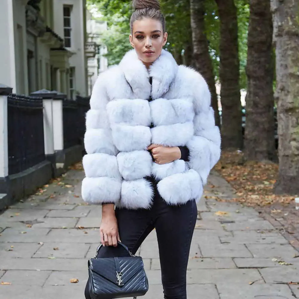nature white 60 60 см новая теплая шуба из натурального Лисьего меха женская зимняя Толстая Шуба из натурального Лисьего меха Меховая куртка верхняя одежда женский Дамский стоячий воротник жакет из меха - Цвет: nature white 60