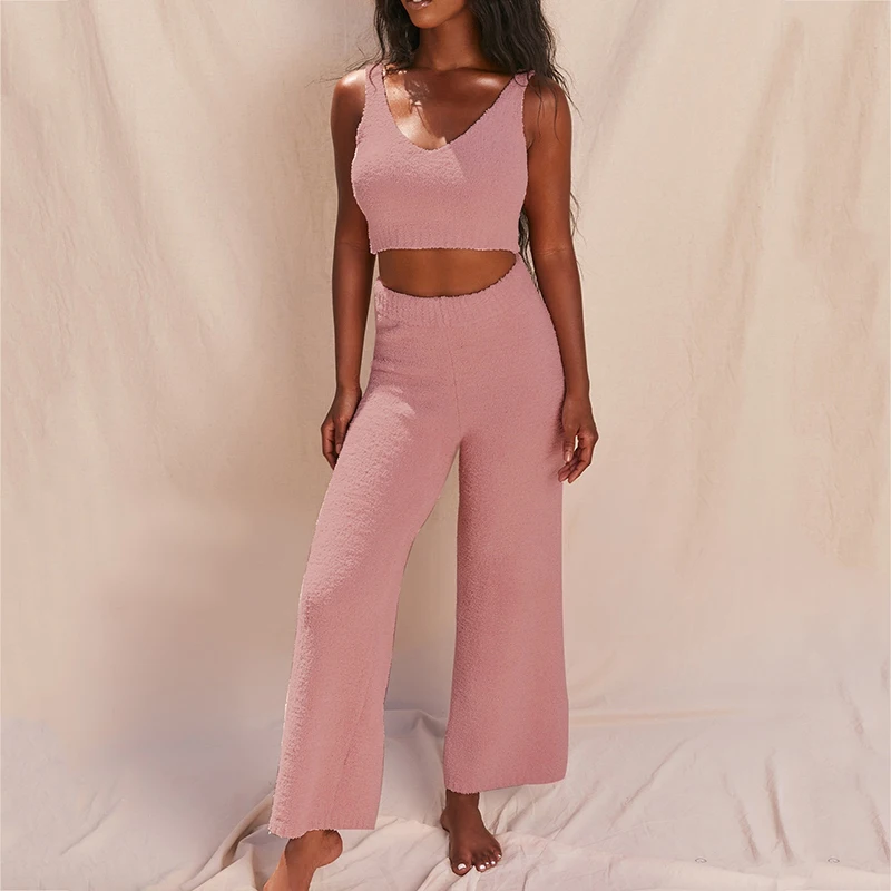 

Сексуальный белый комплект из двух предметов для женщин, v-образный вырез, без рукавов, топы на бретелях с высокой талией, широкие брюки для ж...