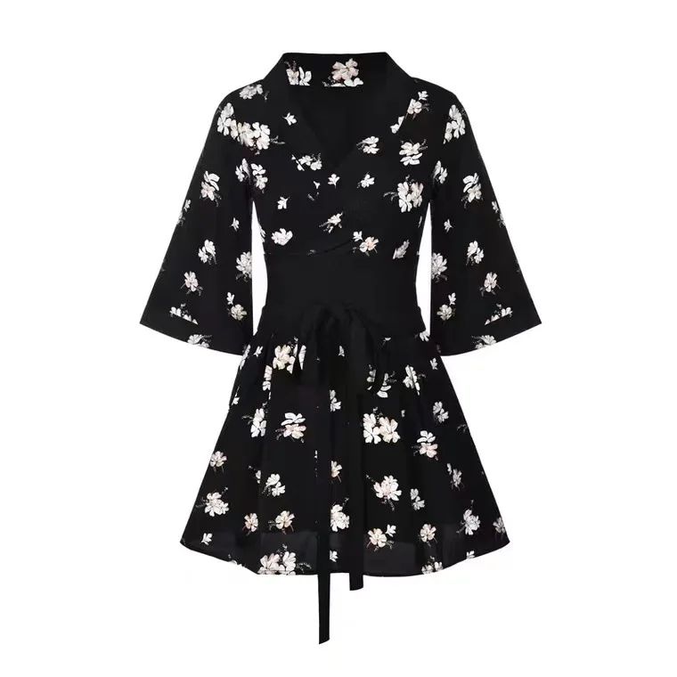 Женское платье-кимоно с V-образным вырезом коротким рукавом и цветочным принтом |