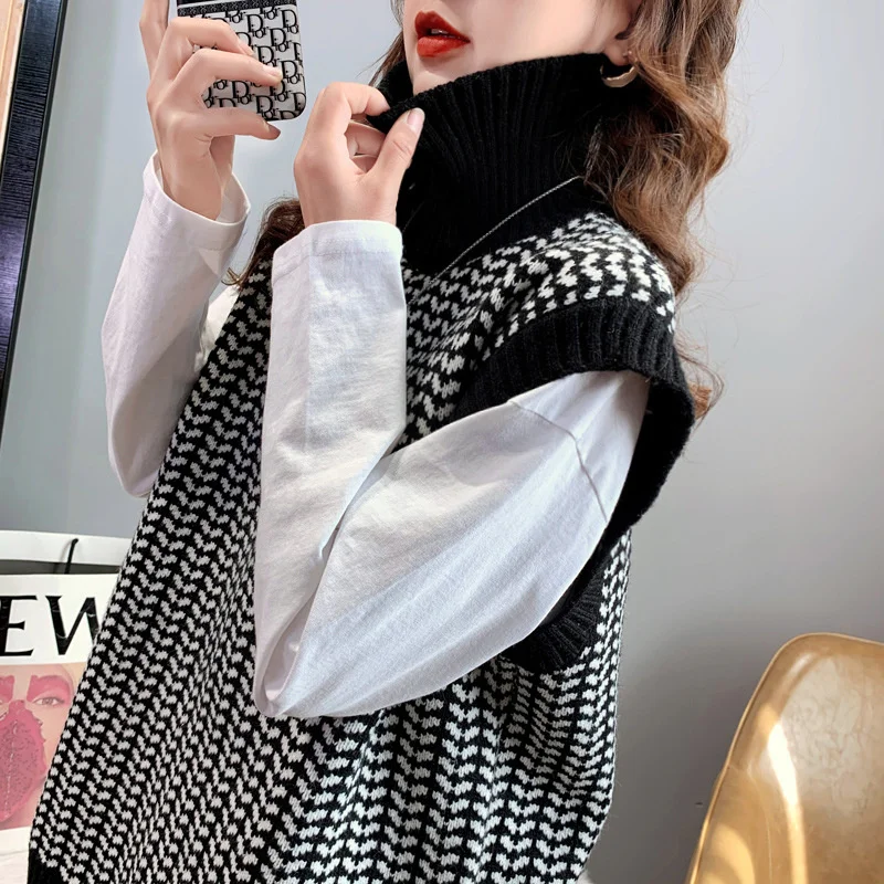 

#2443 Black Sleeveless Sweater Vest Women Turtleneck Knitted Vest Women Fashion Pullover Vest Korean Style Knitted Tops Ladies