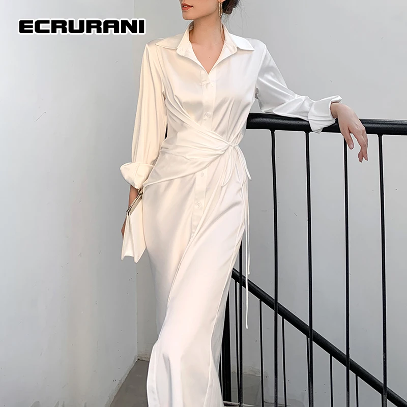 

ECRURANI Casual Temperament Dress For Women Lapel Long Sleeve High Waist Ruched Maxi White Shirt Dresses Female New Clothing