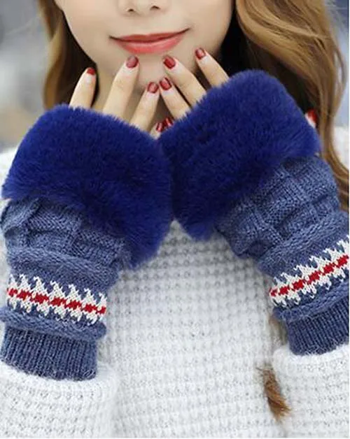 Navy blue gloves Зимняя шапка с кроличьим мехом, перчатки, шарф, наборы, утолщенная плюшевая шерсть, теплая шапка s, женская вязаная шапка, уличная ветрозащитная Ушная Лоскутная широкий берет-Боб - Цвет: Navy blue gloves