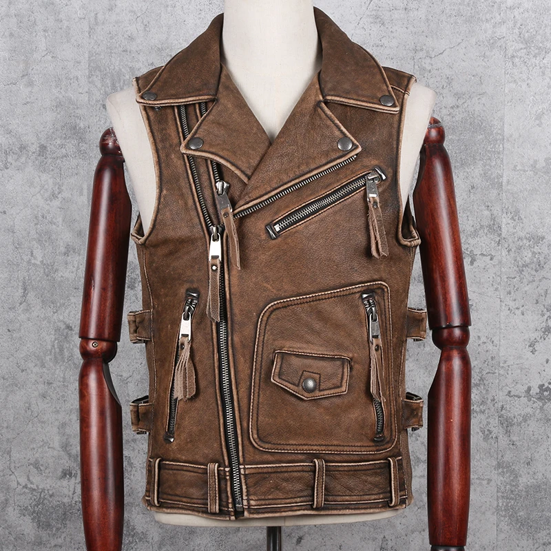 

Vintage Brown 2020 Men Biker's Leather Vest Large Size 5XL Genuine Thick Cowhide Autumn Slim Fit Short Motorcycle Leather Vest