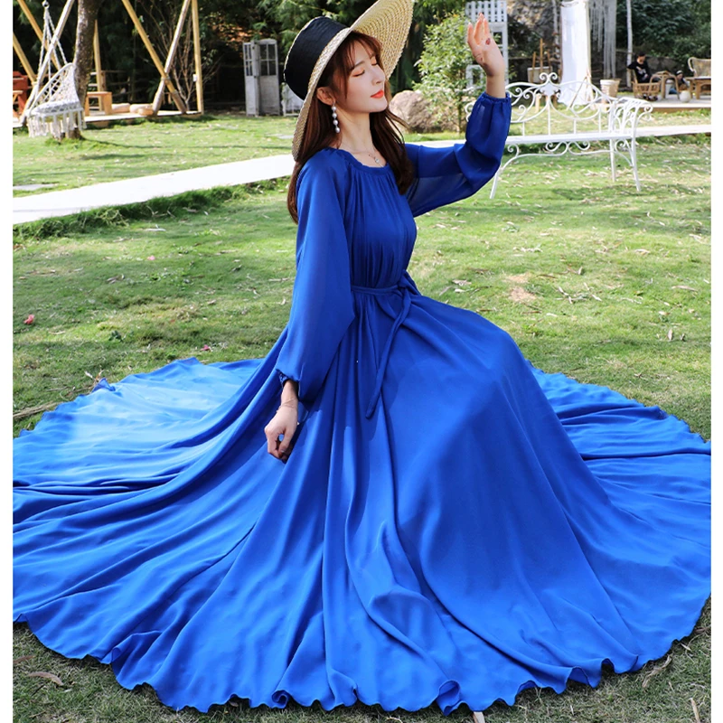 

Blue Chiffon Dress Female 2021 Summer New Plus Size Super Long Solid Color Round Neck High Quality Vacation Beach Dress 02