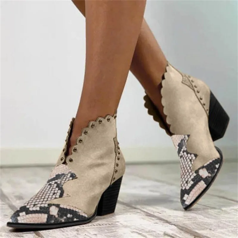 

2021 New Pointed Thick Heel Rivet Stitching Snake Print Leather Martin Boots Female High-heeled Nude Boots Zapatos Para Mujer