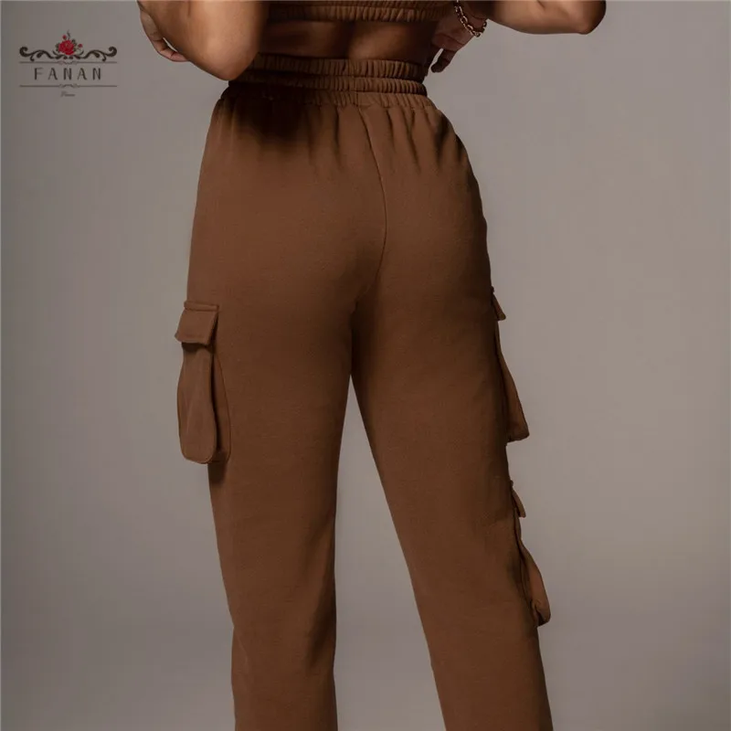 

Sports Set Casual Tracksuit for Women Fitness Short Vest High Waist Pocket Pants Outfits 2pcs Tie Feet Solid Color Female Sets