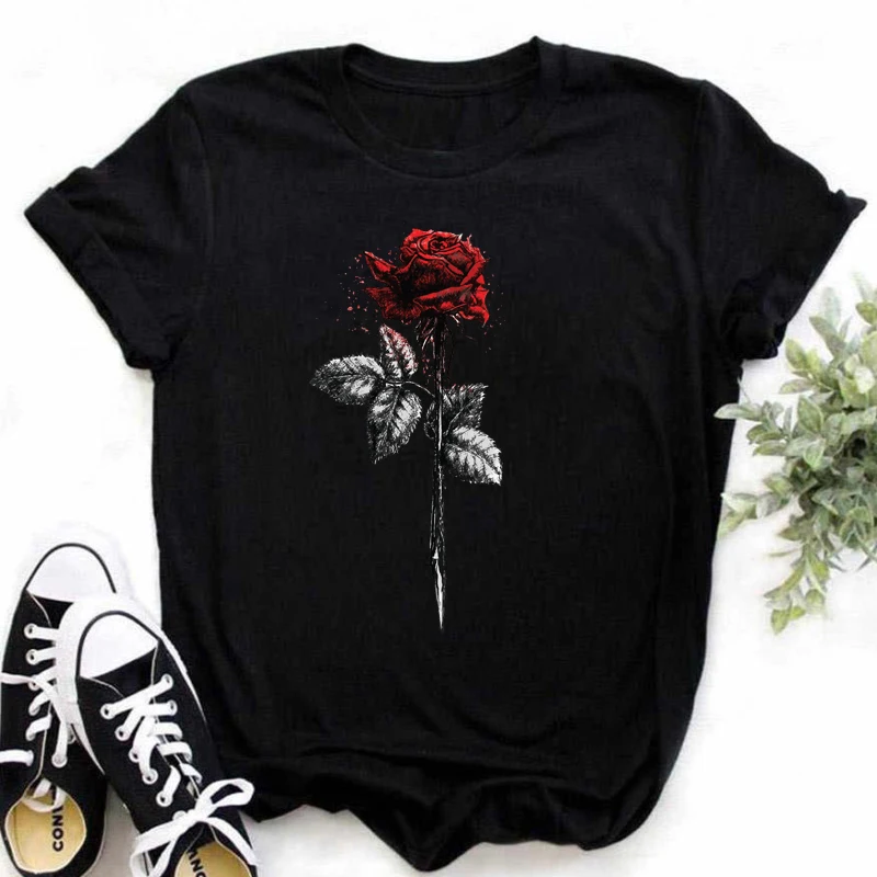 

New Red Rose Print Women T Shirt Black T Shirt Harajuku Korean Style Graphic Tops Kawaii Female T-shirt Tops Women T Shirts