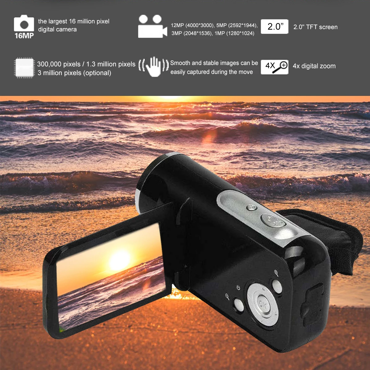 Портативная Цифровая видеокамера Full HD 720p 16MP с фиксированным объективом 4X Zoom