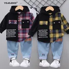 Одежда для маленьких мальчиков, оригинальный хлопковый костюм на весну и осень, клетчатая рубашка с капюшоном с надписью для мальчиков + брюки, костюм из двух предметов для маленьких мальчиков