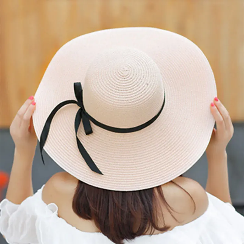 Летняя женская шляпа от солнца с большими широкими полями черная пляжная бантом