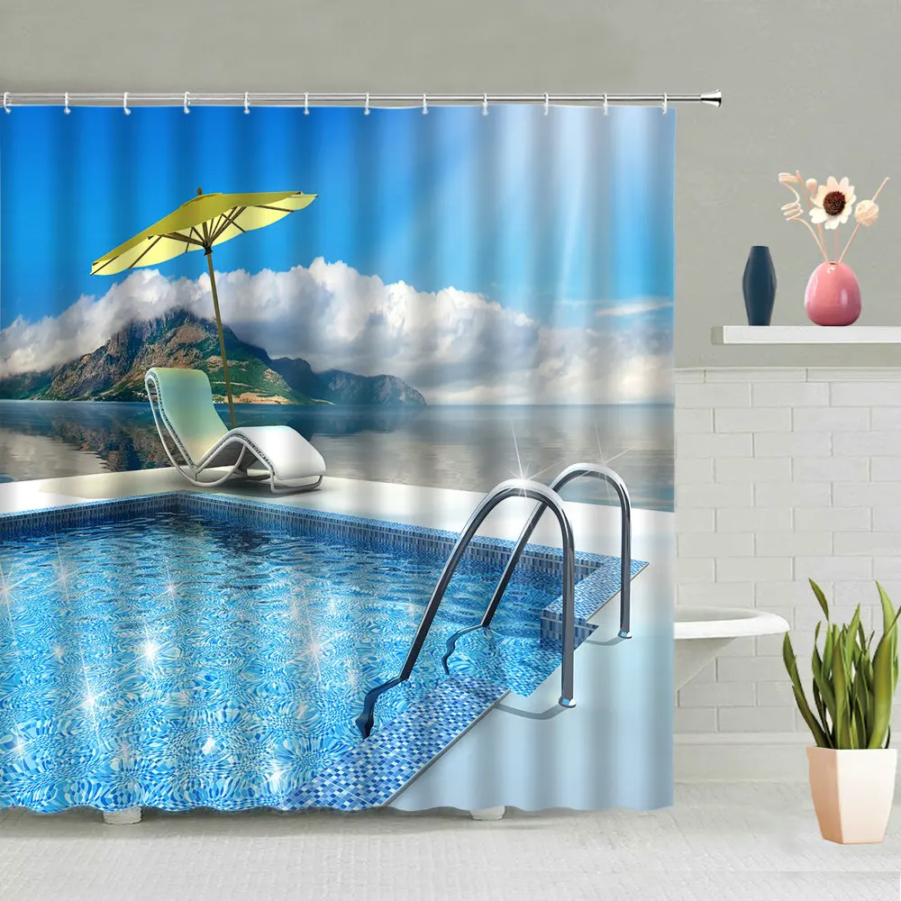 

Summer Scenery Shower Curtain Swimming Pool Ocean Mountain Landscape Curtains Bathroom Waterproof Bath Screen Bathtub Decor Hook