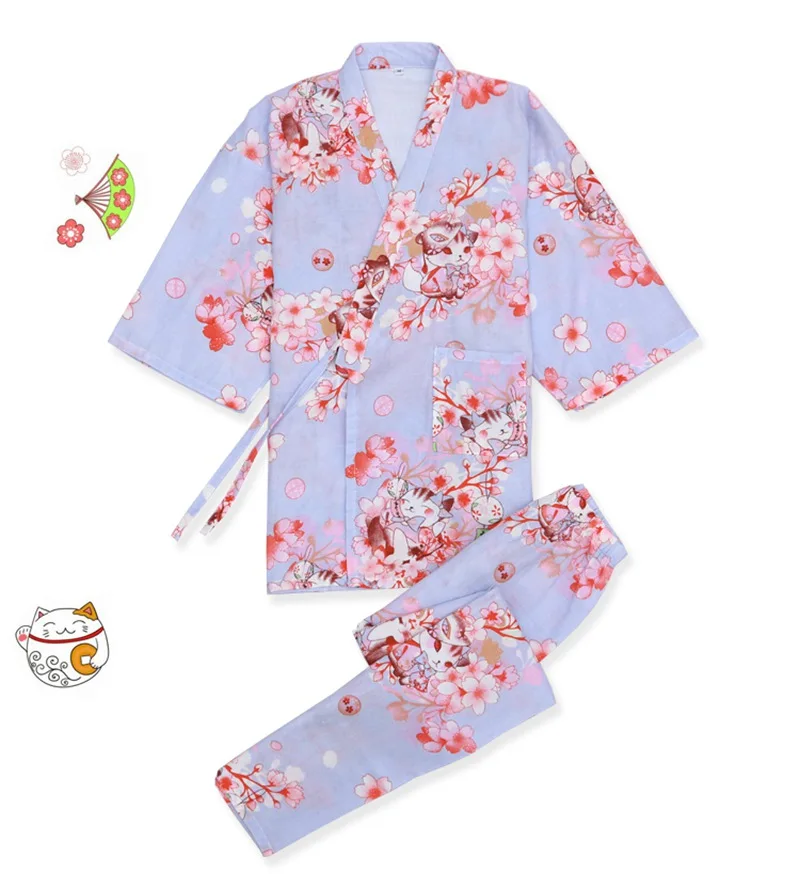 Японской традиции Стиль с милым принтом из хлопка и льна пижамные брюки для