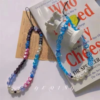 new ins trendy blue heart beads mobile phone chains anti lost handmade acrylic charm cord lanyard for women girls