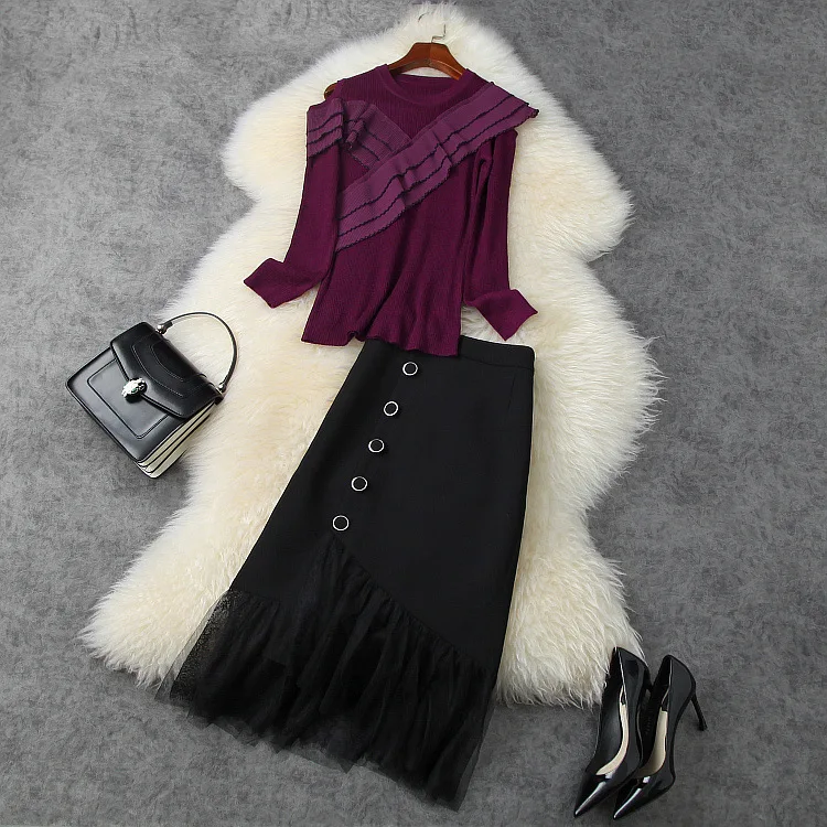 

Женская одежда в американском и Европейском стиле, новинка зимы 2021, стильный вязаный свитер с длинными рукавами, кружевная юбка в стиле пэчв...