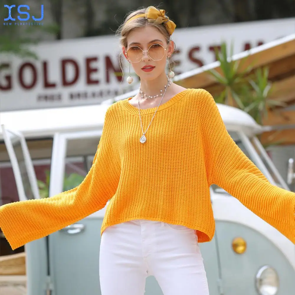 

Christmas Gift 2021 Autumn Winter New Women's Pullover Loose Sweater Women's Horn Sleeve Solid Color Sweater