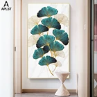 Картина из золотой фольги с листьями дерева, листьями гинкго билоба, холст, принты и плакат с зелеными растениями, Настенная картина, Декор для дома и гостиной