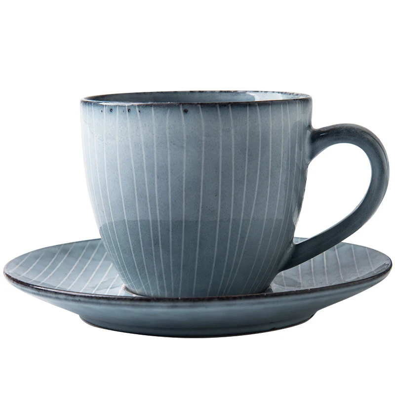 

Japanese Retro Coffee Cup And Saucer Set Handmade Color Glaze Striped Tea Cups Art Cup Office Home Coffee Drinkware