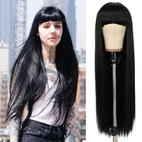 krismile synthetic machine made 30inches long straight black bangs wigs daily heat resistant fiber wig for women cosplay party