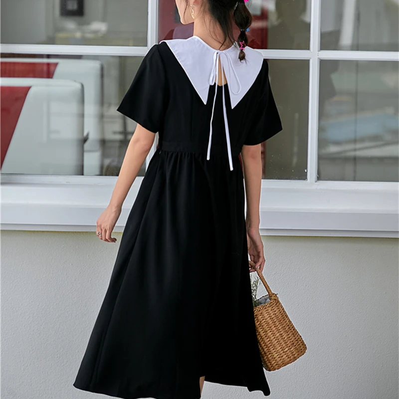 Женское свободное однотонное платье средней длины весеннее черное винтажное в
