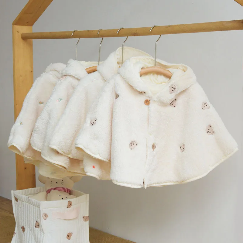 

Winter New Baby Clothes Fur Lining Newborn Cloak Cute Embroidery Infant Coat Waft Warm Toddler Outwear